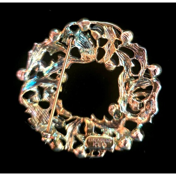 Eisenberg Ice Christmas Wreath Brooch Vintage Green & Red Rhinestones Gold-Tone - Picture 6 of 9